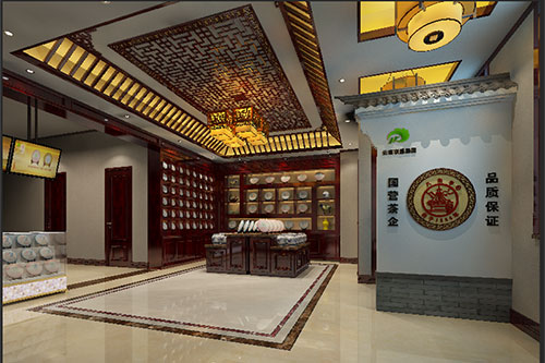 八步古朴典雅的中式茶叶店大堂设计效果图